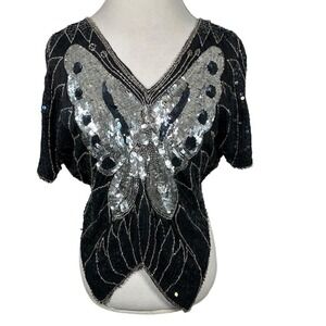 Vintage 80's Valachi Creations Silver Black Sequined Butterfly Cropped Top Silk